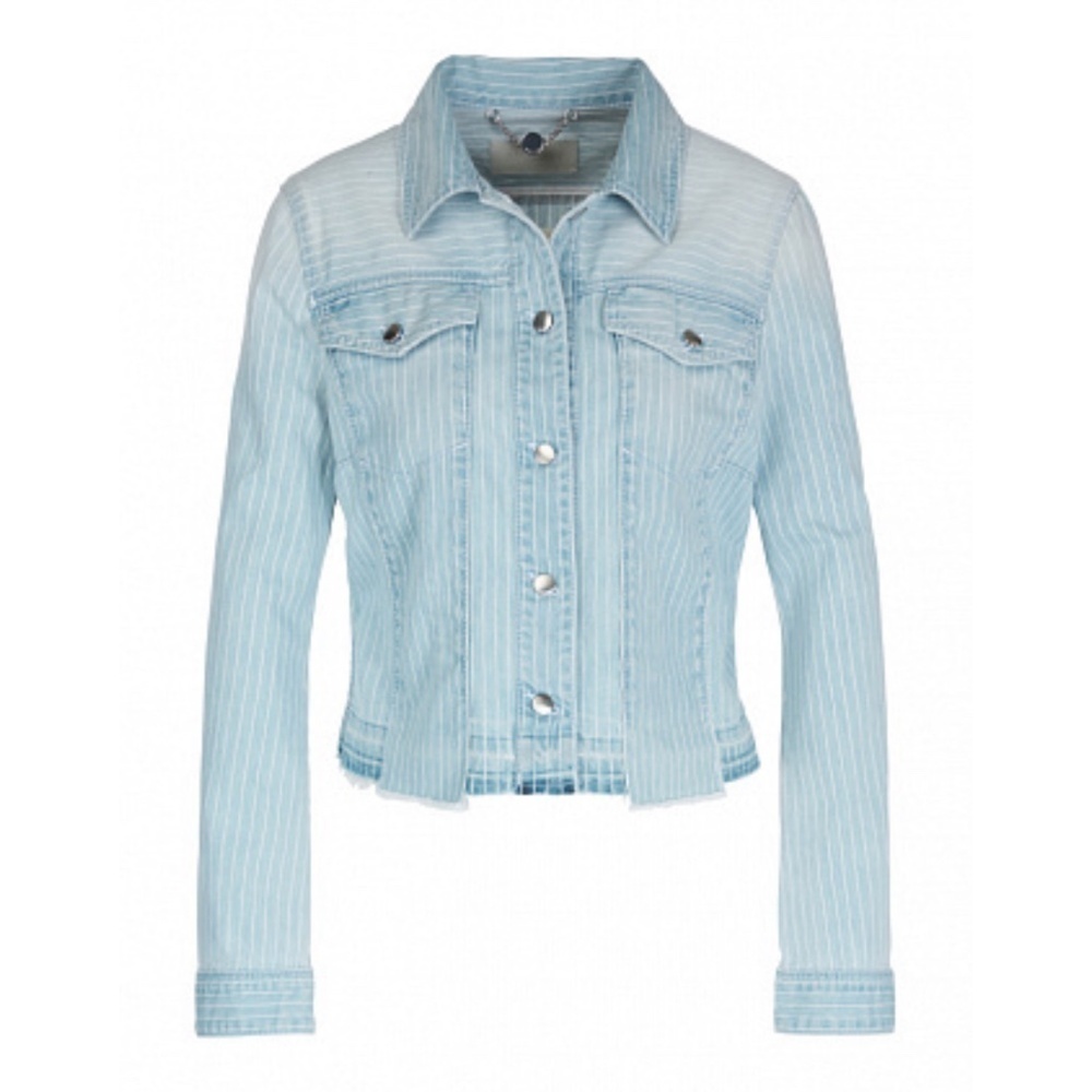 MARC CAIN STRIPED DENIM JACKET WITH FRINGED HEM WOMENS SIZE  6 (N3)